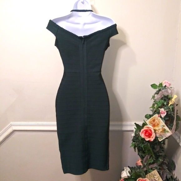 AKIRA Sexy Body-Con Dark Green Halter Necked, Off Shoulder Bandage Dress - Picture 7 of 14